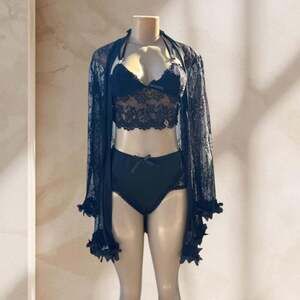 Black Lace Lingerie Set – Bralette, Panty & Sheer Robe 3 Piece Sexy Elegant ✧ S